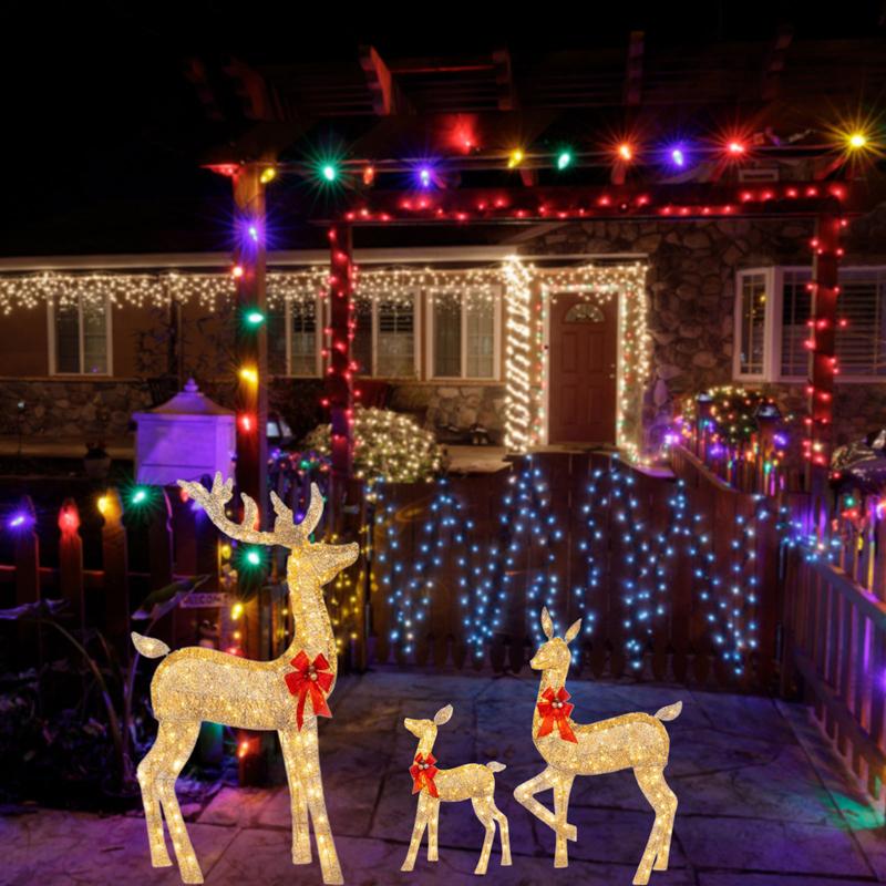 PACIFICRIMOS 11.8-inch 3-Piece Illuminated 2D Christmas Reindeer Set for Outdoor Garden Decor with 175 LED Lights
